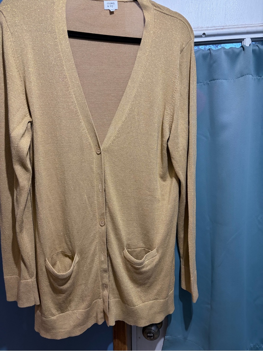 crown & ivy Metallic Gold V-Neck Long Cardigan
